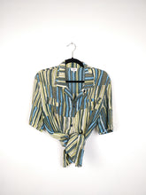 Load image into Gallery viewer, The Silk Stripe | Vintage silk abstract pattern green blue grey short sleeve blouse L

