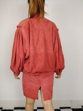Load image into Gallery viewer, Vintage pink real suede leather set bomber jacket and pencil skirt S-M
