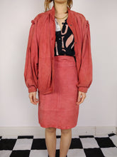 Load image into Gallery viewer, Vintage pink real suede leather set bomber jacket and pencil skirt S-M
