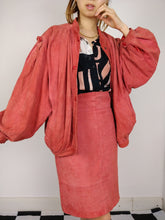 Load image into Gallery viewer, Vintage pink real suede leather set bomber jacket and pencil skirt S-M
