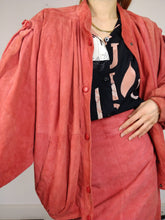 Load image into Gallery viewer, Vintage pink real suede leather set bomber jacket and pencil skirt S-M
