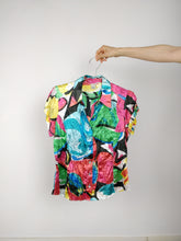 Load image into Gallery viewer, The Sugar Shine | Vintage pattern shiny crinkle colorful short sleeve blouse S
