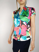Load image into Gallery viewer, The Sugar Shine | Vintage pattern shiny crinkle colorful short sleeve blouse S
