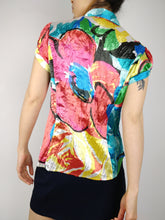Load image into Gallery viewer, The Sugar Shine | Vintage pattern shiny crinkle colorful short sleeve blouse S
