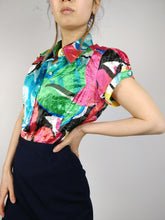 Load image into Gallery viewer, The Sugar Shine | Vintage pattern shiny crinkle colorful short sleeve blouse S
