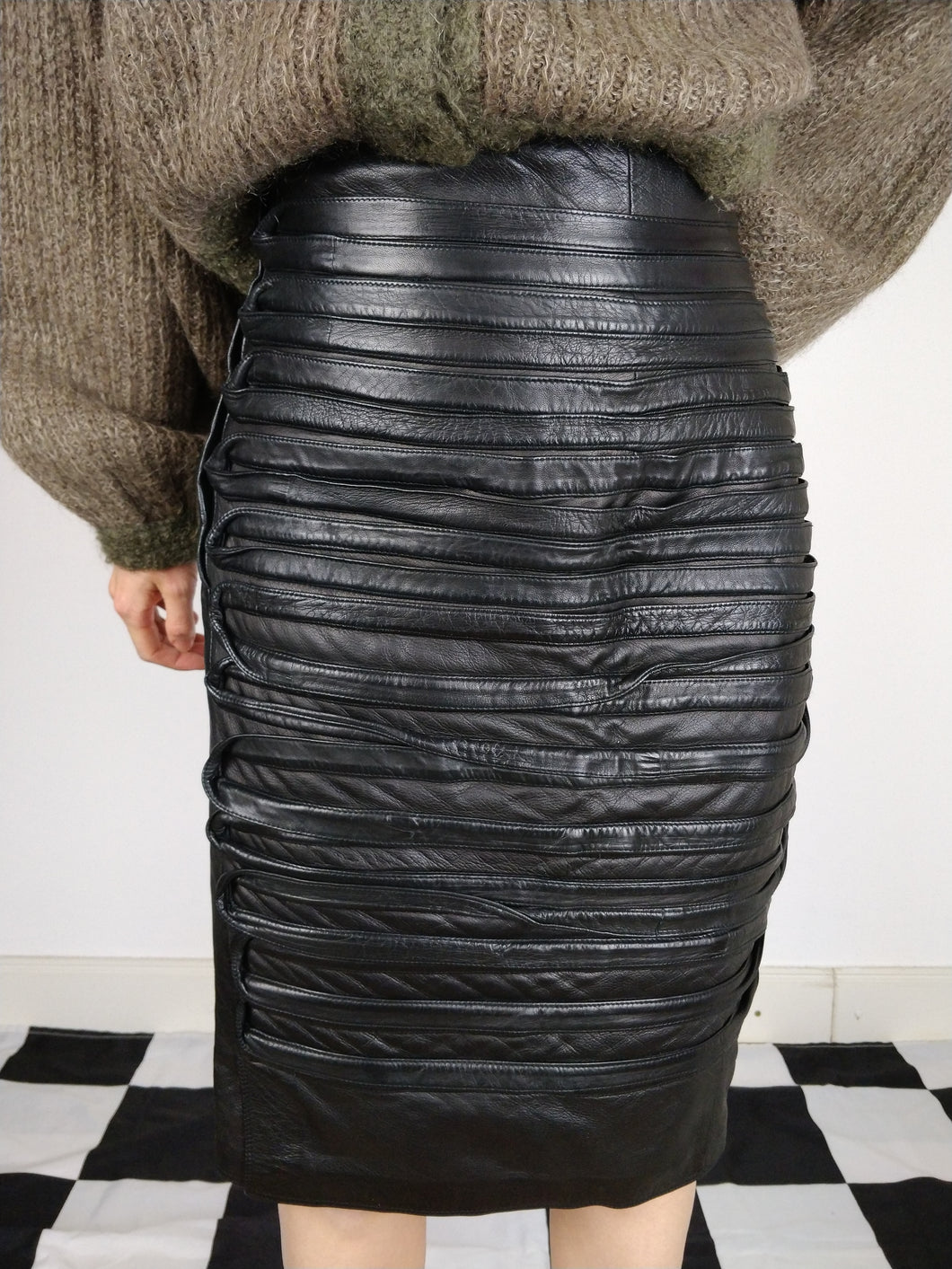 The Versace Skirt | Vintage designer Gianni Versace real leather strip ruffles black midi pencil skirt M