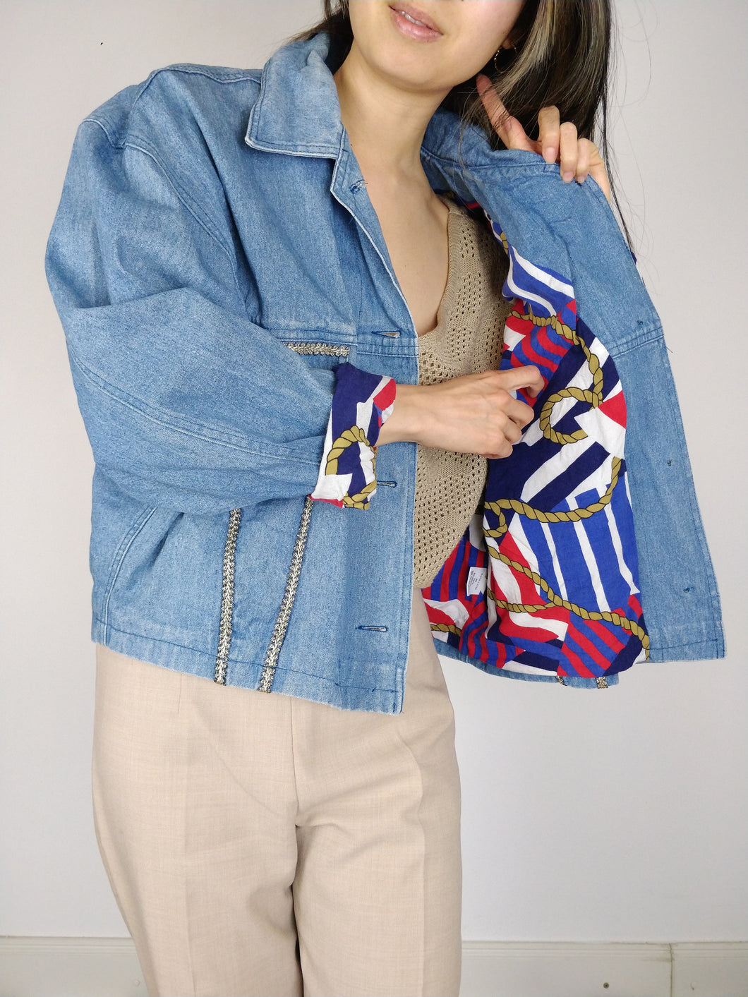 The Denim Queen | Vintage blue nautical embroidery lace denim jeans jacket M