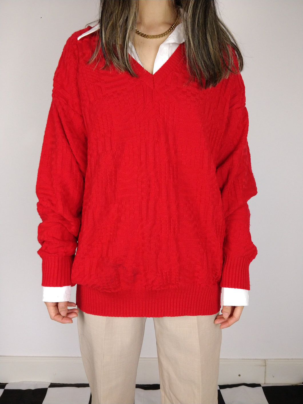 The Red Knit | Vintage red structured pattern light knit sweater pullover L