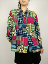 Load image into Gallery viewer, The Organised Chaos | Vintage crazy pattern colorful animal checker pink yellow blue greenshirt blouse M
