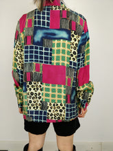 Load image into Gallery viewer, The Organised Chaos | Vintage crazy pattern colorful animal checker pink yellow blue greenshirt blouse M
