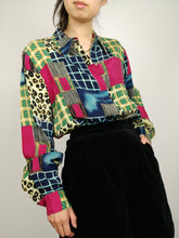 Load image into Gallery viewer, The Organised Chaos | Vintage crazy pattern colorful animal checker pink yellow blue greenshirt blouse M
