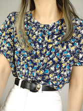 Load image into Gallery viewer, The Heart Breaker | Vintage crazy pattern hearts blue yellow short sleeve shirt blouse M
