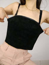 Load image into Gallery viewer, The Leather Top | Vintage real suede leather black crop spaghetti strap top S

