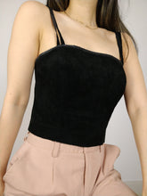 Load image into Gallery viewer, The Leather Top | Vintage real suede leather black crop spaghetti strap top S
