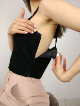 Load image into Gallery viewer, The Leather Top | Vintage real suede leather black crop spaghetti strap top S
