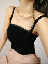 Load image into Gallery viewer, The Leather Top | Vintage real suede leather black crop spaghetti strap top S

