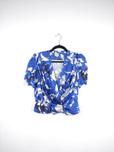 Load image into Gallery viewer, The Blue Floral | Vintage floral pattern white blue short sleeve shirt blouse shiny satin S-M
