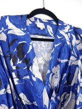Load image into Gallery viewer, The Blue Floral | Vintage floral pattern white blue short sleeve shirt blouse shiny satin S-M
