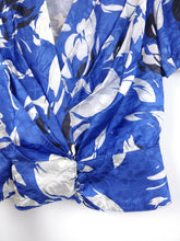 Load image into Gallery viewer, The Blue Floral | Vintage floral pattern white blue short sleeve shirt blouse shiny satin S-M
