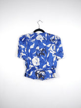 Load image into Gallery viewer, The Blue Floral | Vintage floral pattern white blue short sleeve shirt blouse shiny satin S-M
