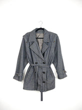 Load image into Gallery viewer, The Checkered Trench | Vintage grey checkered plaid pattern short trench coat jacket L
