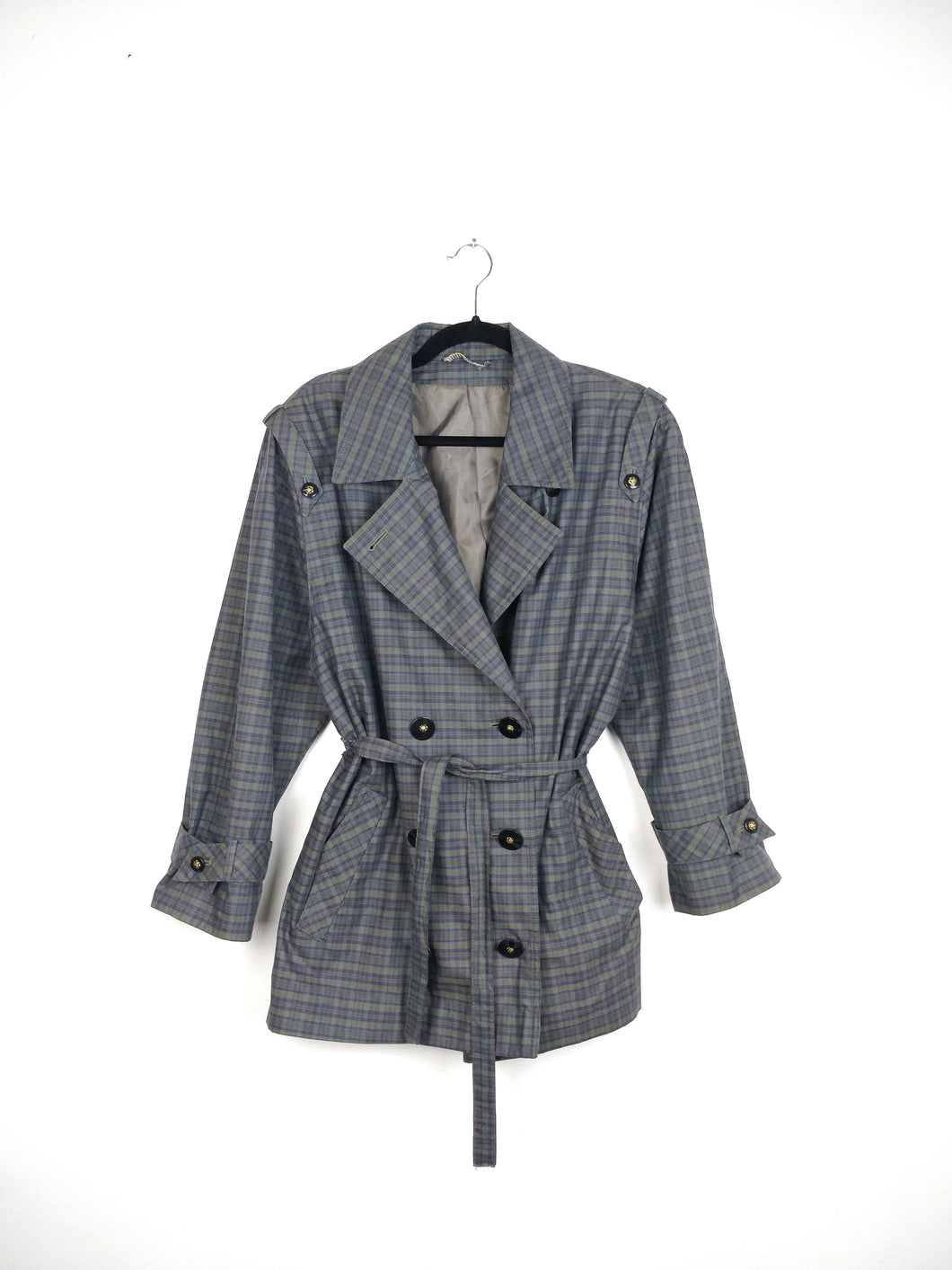 The Checkered Trench | Vintage grey checkered plaid pattern short trench coat jacket L