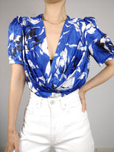 Load image into Gallery viewer, The Blue Floral | Vintage floral pattern white blue short sleeve shirt blouse shiny satin S-M
