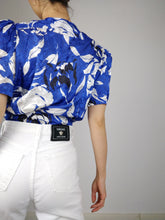 Load image into Gallery viewer, The Blue Floral | Vintage floral pattern white blue short sleeve shirt blouse shiny satin S-M
