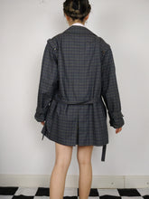 Load image into Gallery viewer, The Checkered Trench | Vintage grey checkered plaid pattern short trench coat jacket L
