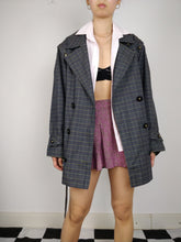 Load image into Gallery viewer, The Checkered Trench | Vintage grey checkered plaid pattern short trench coat jacket L
