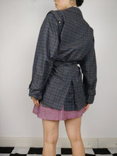 Load image into Gallery viewer, The Checkered Trench | Vintage grey checkered plaid pattern short trench coat jacket L
