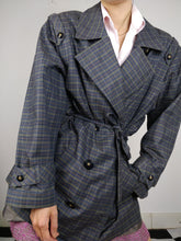 Load image into Gallery viewer, The Checkered Trench | Vintage grey checkered plaid pattern short trench coat jacket L
