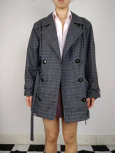 Load image into Gallery viewer, The Checkered Trench | Vintage grey checkered plaid pattern short trench coat jacket L
