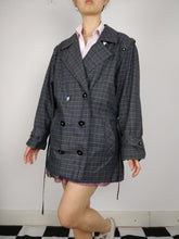 Load image into Gallery viewer, The Checkered Trench | Vintage grey checkered plaid pattern short trench coat jacket L
