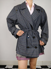 Load image into Gallery viewer, The Checkered Trench | Vintage grey checkered plaid pattern short trench coat jacket L
