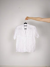 Load image into Gallery viewer, The Polka Linen | Vintage white linen purple polka dot pattern short sleeve shirt blouse M-L
