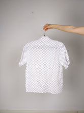 Load image into Gallery viewer, The Polka Linen | Vintage white linen purple polka dot pattern short sleeve shirt blouse M-L

