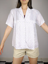 Load image into Gallery viewer, The Polka Linen | Vintage white linen purple polka dot pattern short sleeve shirt blouse M-L

