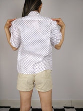 Load image into Gallery viewer, The Polka Linen | Vintage white linen purple polka dot pattern short sleeve shirt blouse M-L
