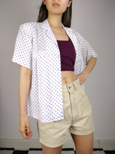 Load image into Gallery viewer, The Polka Linen | Vintage white linen purple polka dot pattern short sleeve shirt blouse M-L
