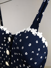 Load image into Gallery viewer, The Cute Top | Vintage dress top bodycon navy white floral embroidery polka dot pattern print strap XS
