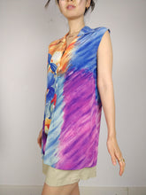 Load image into Gallery viewer, The Silk Canvas | Vintage flower floral pattern print silk sleeveless vest cami top blouse blue purple orange S
