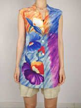 Load image into Gallery viewer, The Silk Canvas | Vintage flower floral pattern print silk sleeveless vest cami top blouse blue purple orange S

