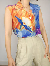 Load image into Gallery viewer, The Silk Canvas | Vintage flower floral pattern print silk sleeveless vest cami top blouse blue purple orange S
