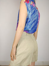 Load image into Gallery viewer, The Silk Canvas | Vintage flower floral pattern print silk sleeveless vest cami top blouse blue purple orange S
