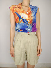 Load image into Gallery viewer, The Silk Canvas | Vintage flower floral pattern print silk sleeveless vest cami top blouse blue purple orange S
