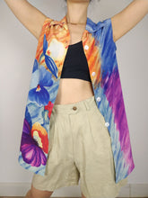 Load image into Gallery viewer, The Silk Canvas | Vintage flower floral pattern print silk sleeveless vest cami top blouse blue purple orange S

