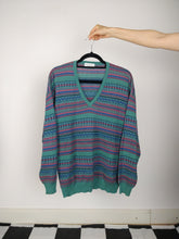Load image into Gallery viewer, The Pattern Knit | Vintage green blue pink pattern knit sweater V-neck Paolo di Quinto L
