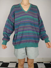 Load image into Gallery viewer, The Pattern Knit | Vintage green blue pink pattern knit sweater V-neck Paolo di Quinto L
