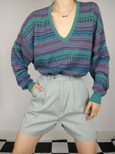 Load image into Gallery viewer, The Pattern Knit | Vintage green blue pink pattern knit sweater V-neck Paolo di Quinto L
